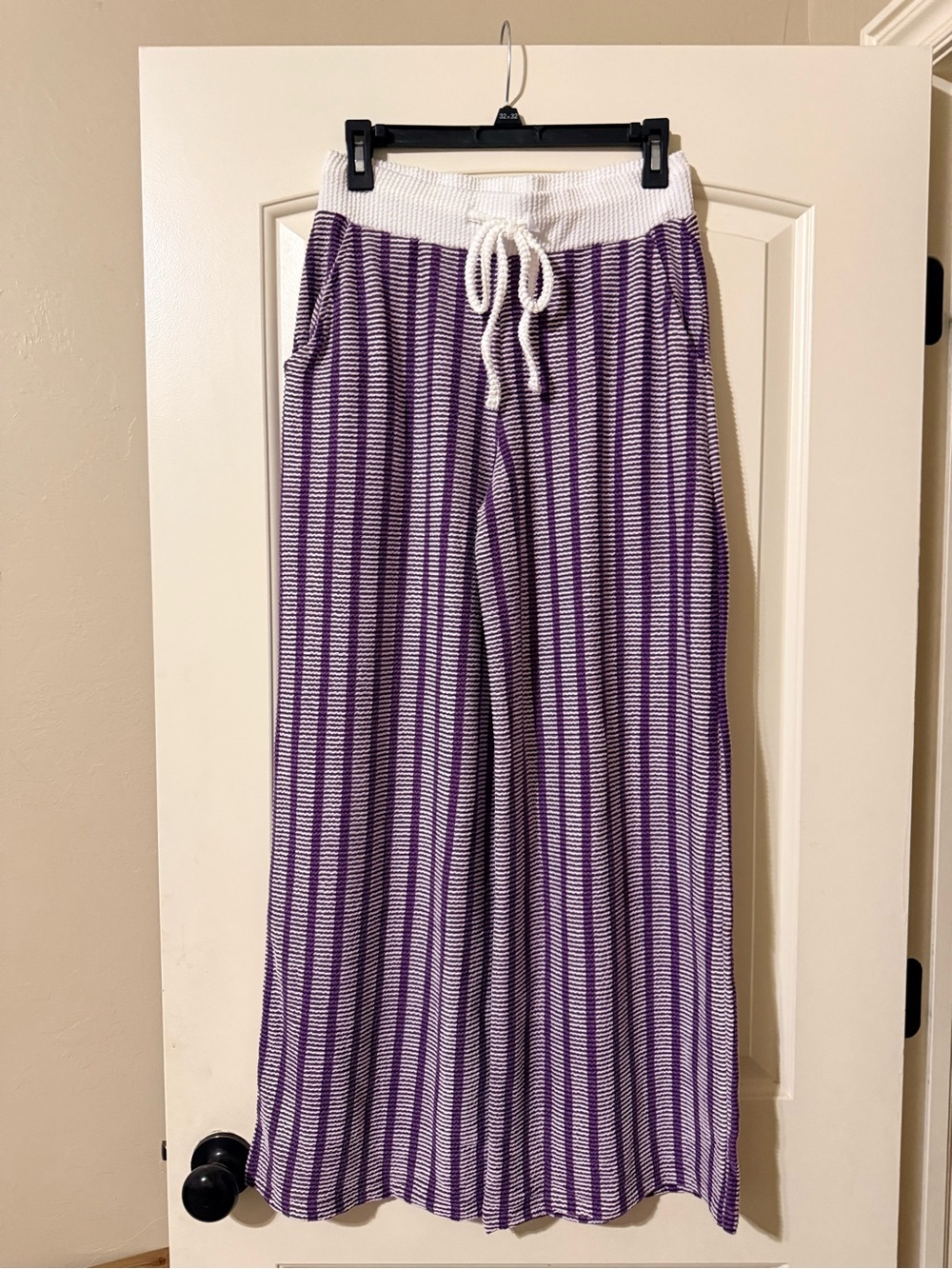 Zenana Purple Striped Knit Lounge Pants with White Waistband NWOT